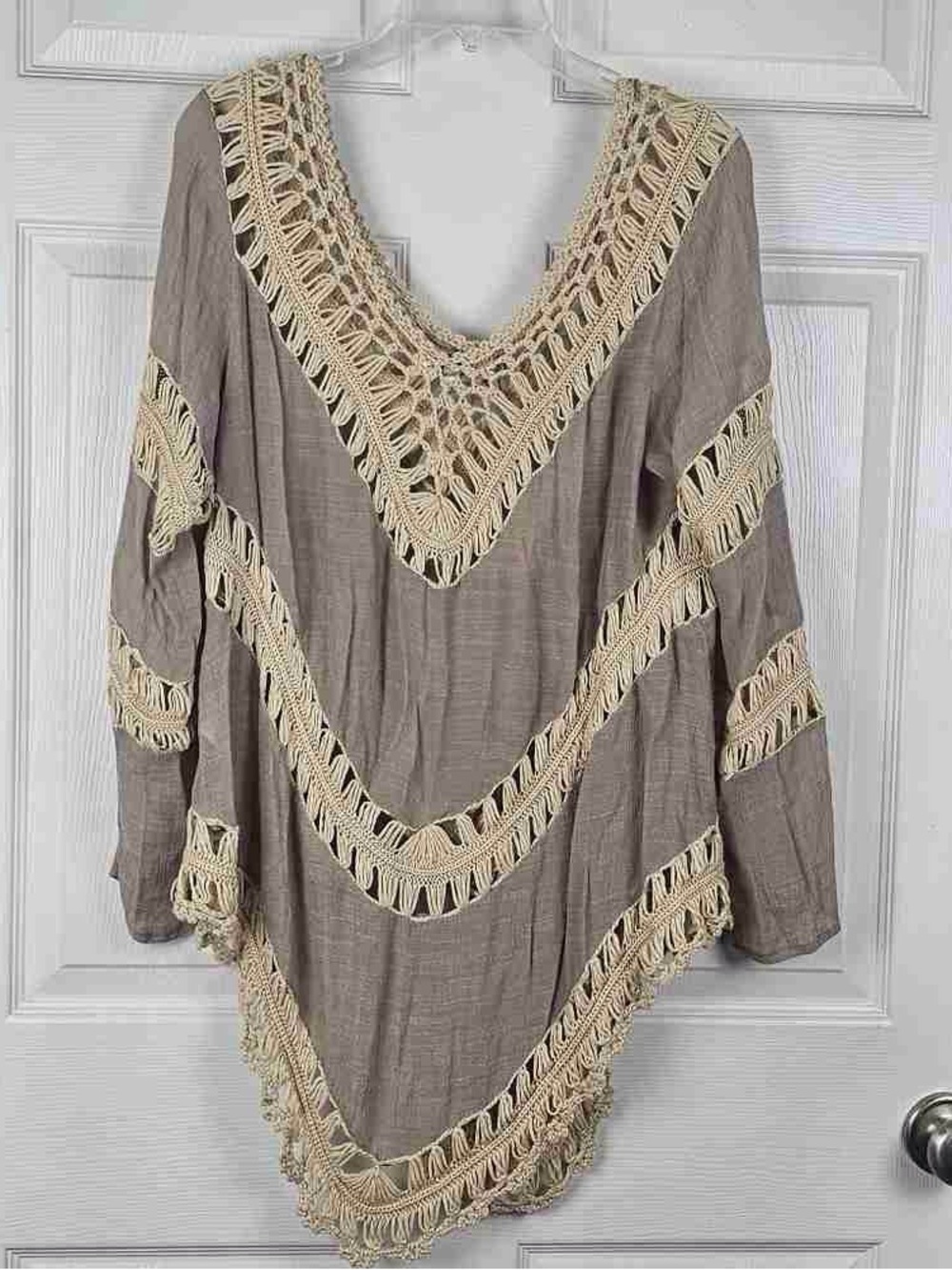 Boho Crochet Trim Tunic - Taupe & Cream